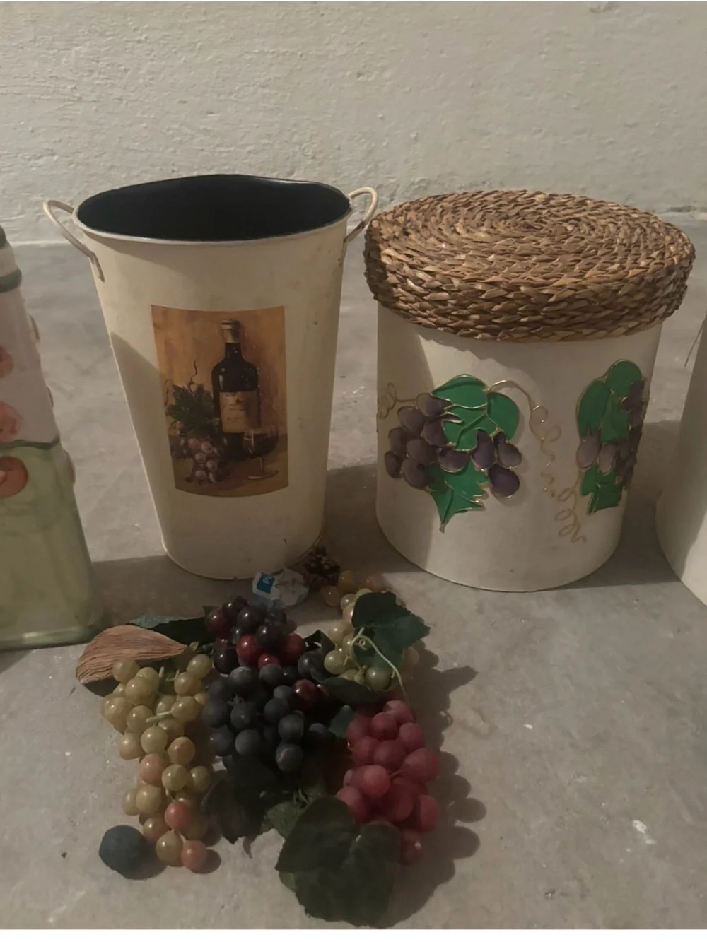 Pier 1  Cream and Green Grape Themed Canister Set with Decorative Fruit